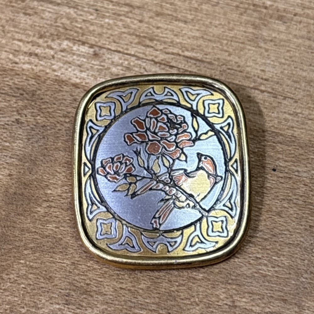 Vintage Reed & Barton Damascene Bird & Floral Gold Tone Square Pendant